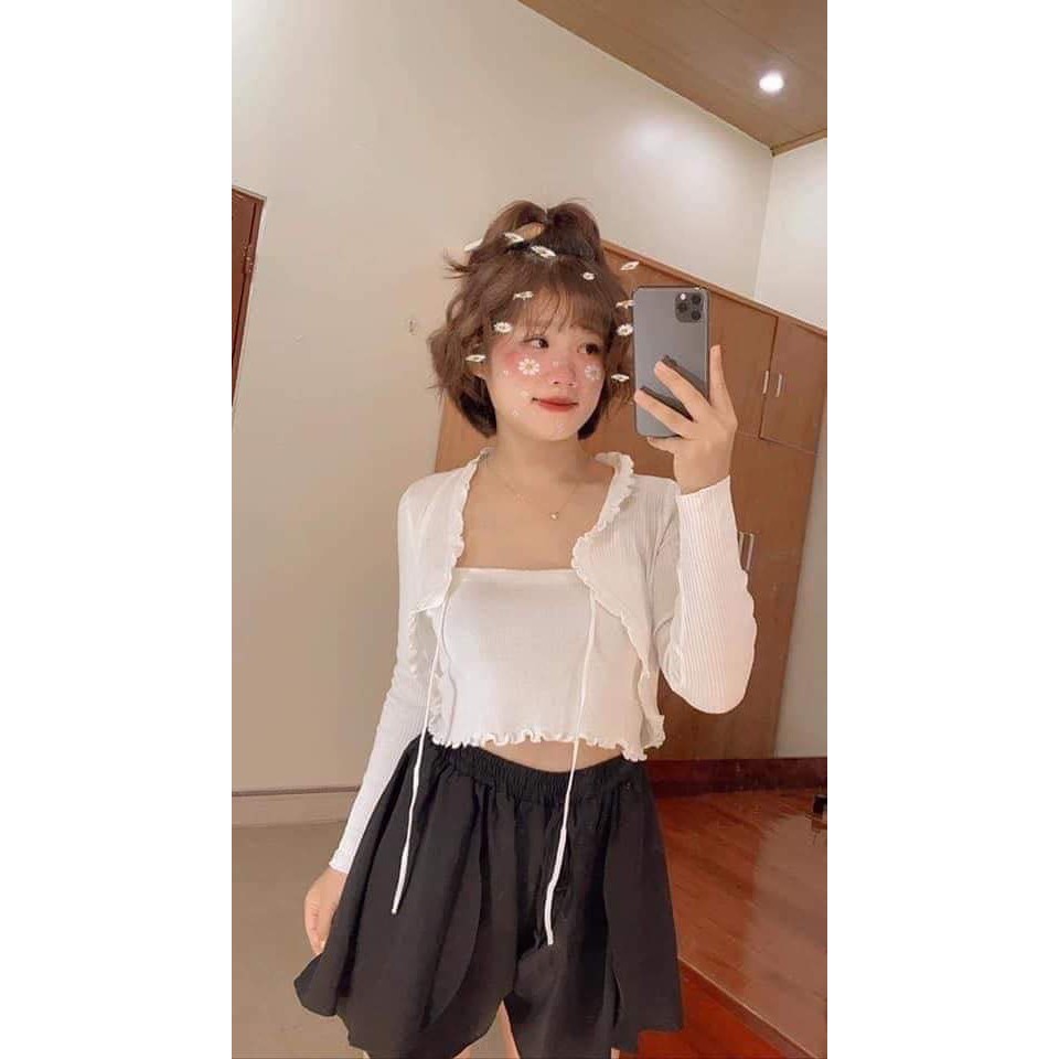 SET 2 MÓN ÁO CROPTOP DÀI TAY TĂM DÂY RÚT NỮ :cherry_blossom: ÁO CARDIGAN NGẮN VIỀN BÈO + ÁO QUÂY BODY TRẮNG | ĐEN ULAzan | BigBuy360 - bigbuy360.vn