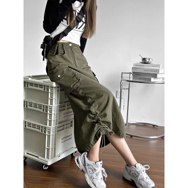 chân váy dài  kaki chữ A lưng cao túi hộp phối dây rút  phong cách Hàn quốc vintage
