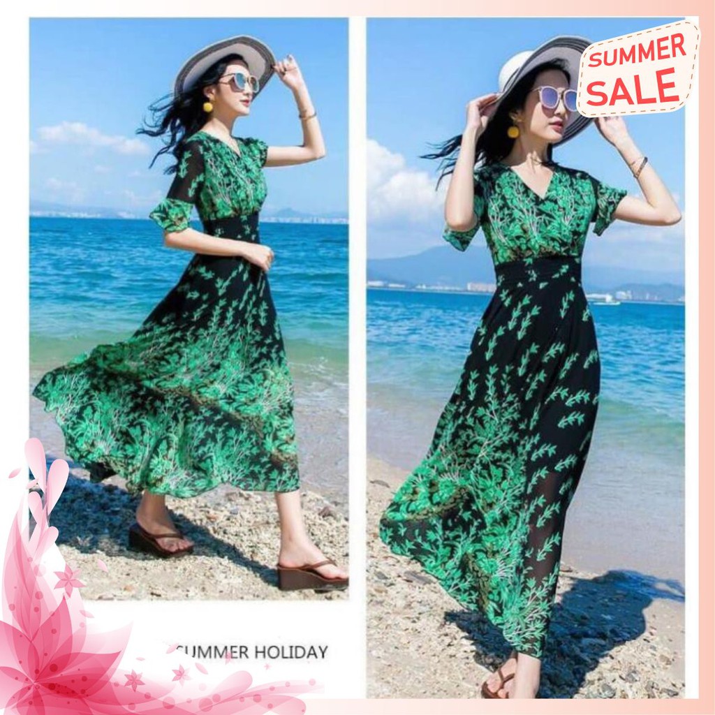 Đầm Maxi Hoa Nhí Dáng Dài Thướt Tha Cao Cấp - Váy Đi Biển Voan Lụa 2 Lớp Đẹp Quảng Châu Loại 1