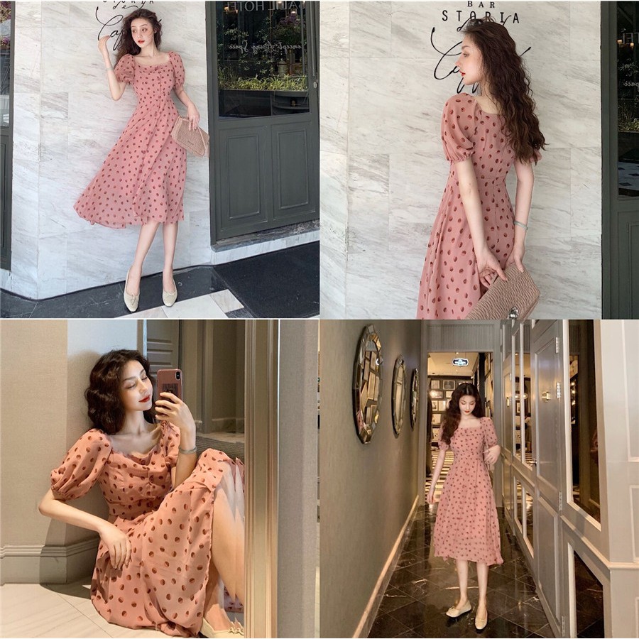 Đầm dáng xòe ngắn tay phối họa tiết chấm bi trẻ trung dành cho nữ | BigBuy360 - bigbuy360.vn