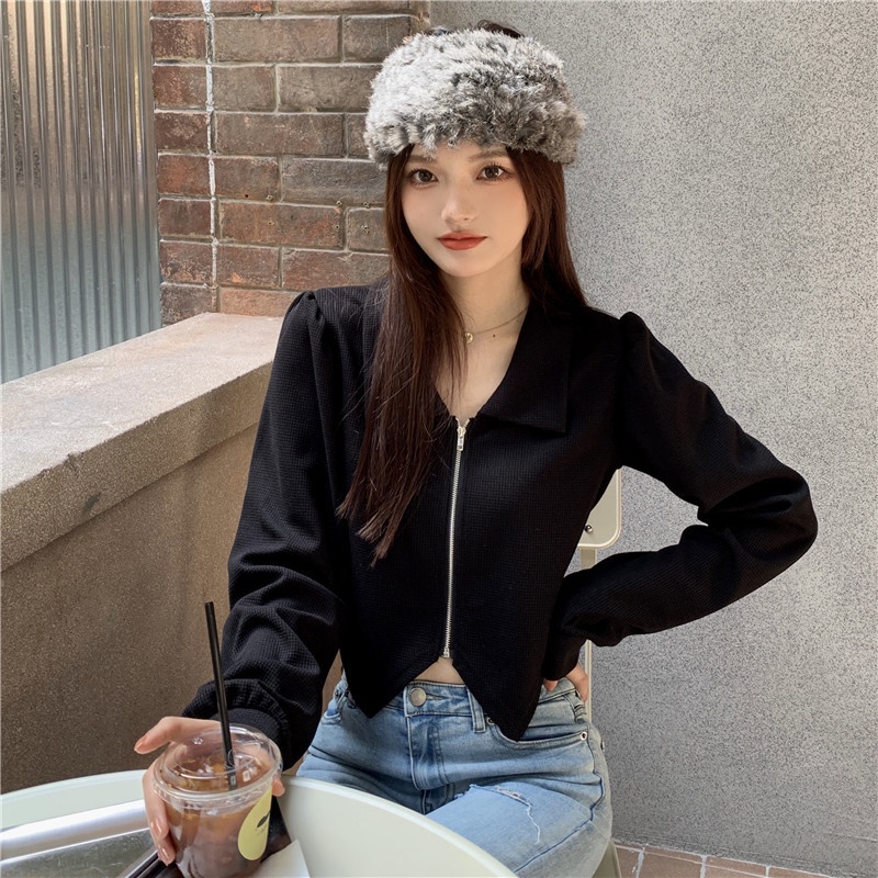 Áo Kiểu Ngắn Có Khóa Kéo Màu Trơn Thiết Kế Không Đều Phong Cách Waffle Thời Trang Thu Đông Mới