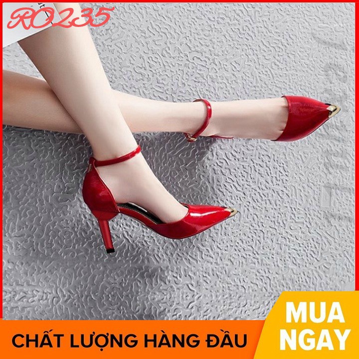 Giày sandal nữ cao gót đế cao 8 phân màu đỏ đen hàng hiệu rosata ro235