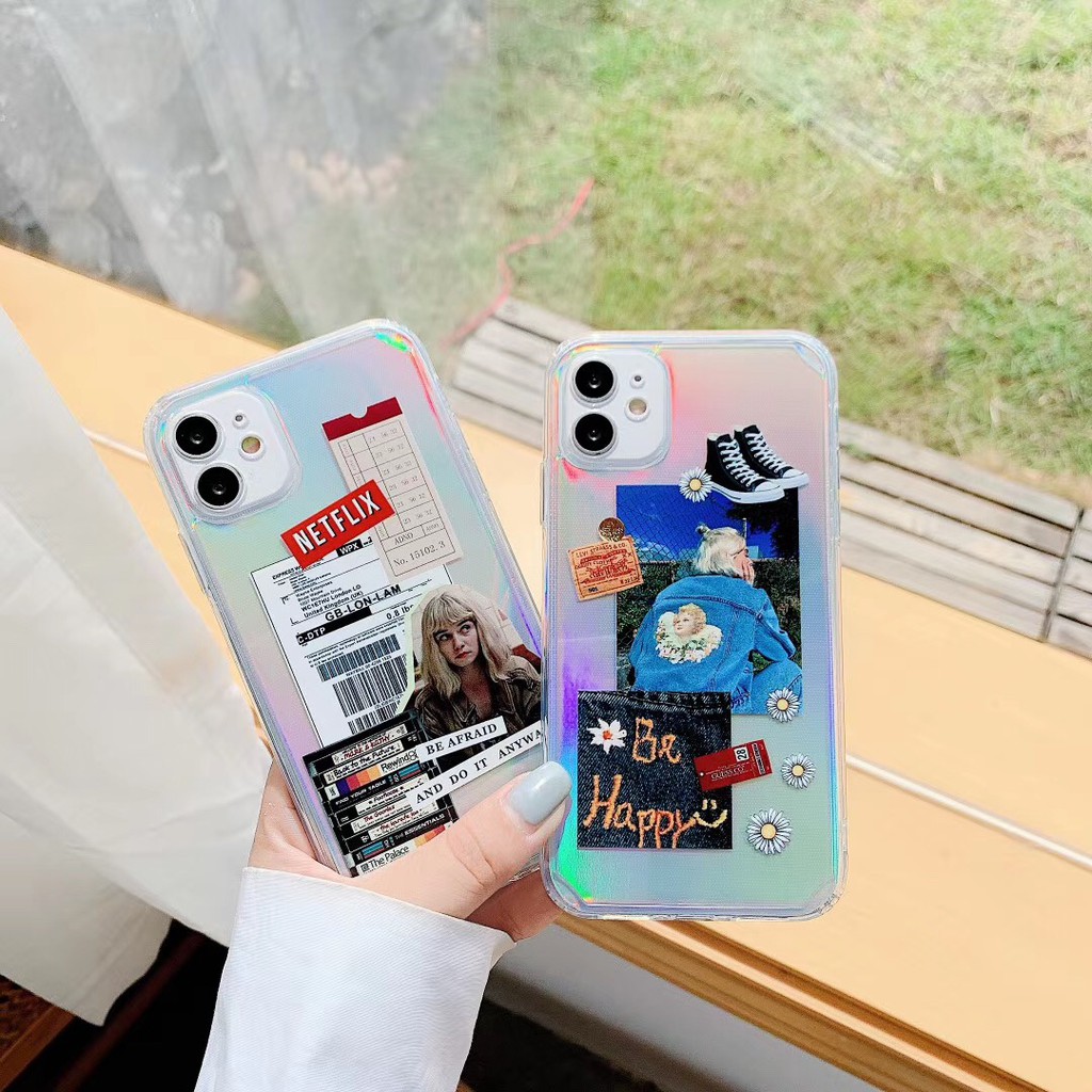 Ốp điện thoại mềm hình bạn nữ + giấy màu laser cho iPhone 12 12 Pro Max 7 Plus 8+ X XR XSmax 11 11 Promax