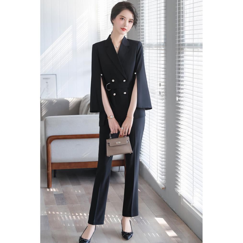 Bộ Vest Tay Xẻ Thắt Eo Cao Cấp - Set Vest Kaki Lụa Công Sở Sang Trọng Cho Nàng Doanh Nhân | BigBuy360 - bigbuy360.vn