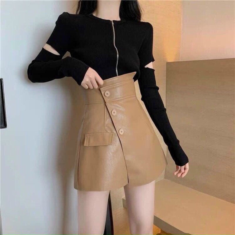 Chân váy da cạp cao chéo 3 cúc, Quần da giả váy cạp cao 3 cúc siu hot NGOCMAI89