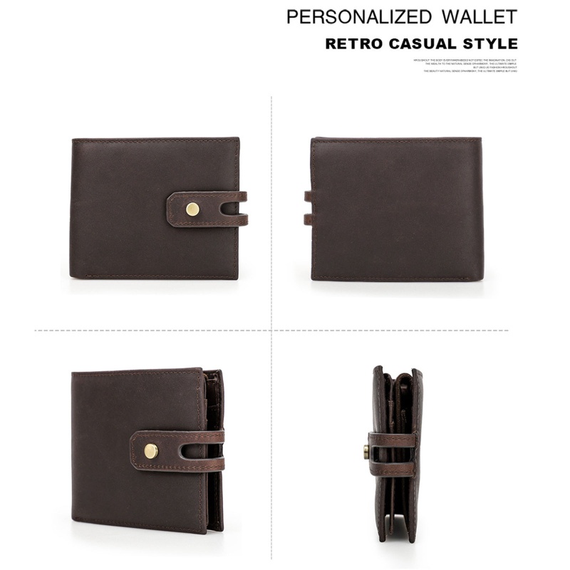 Youyo Ví Ngắn Gập Đôi Bằng Da Bò Có Khóa Nút Cài RFID Vintage Chống Trộm Cho Nam