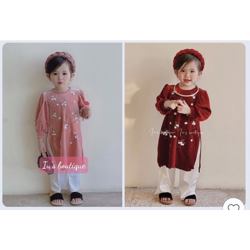 Set quần áo dài cho bé gái kèm mấn chất liệu vải nhung cao cấp loại I