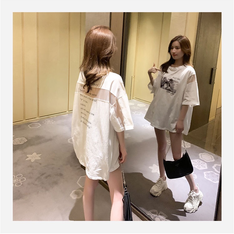 Áo Thun Cotton Tay Ngắn Dáng Rộng Phối Lưới Thời Trang Hàn Quốc Mới 2022