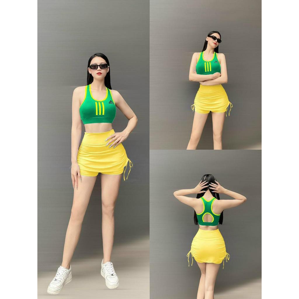 Đồ tập gym nữ Hot trend Áo Bra Das mix Chân váy rút dây 2 bên co giãn thoáng mát tập gym, yoga, zumba, fitness(sẵn mút