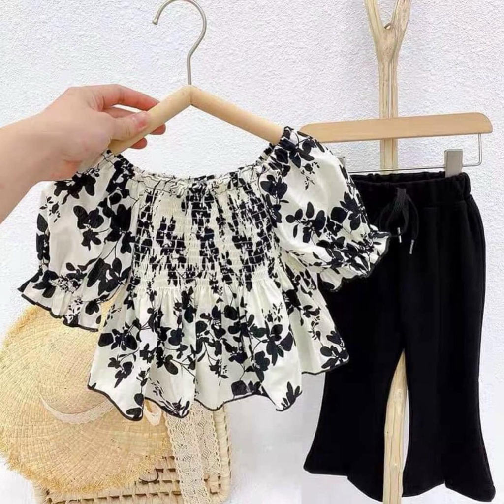Đồ bộ bé gái set áo hoa đen quần loe tiểu thư cho bé
