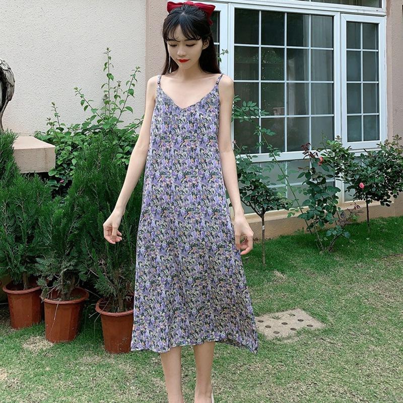 Korean Fashion Wild Floral Slim Retro V-Neck Oil Painting Picture Color Sling Dress