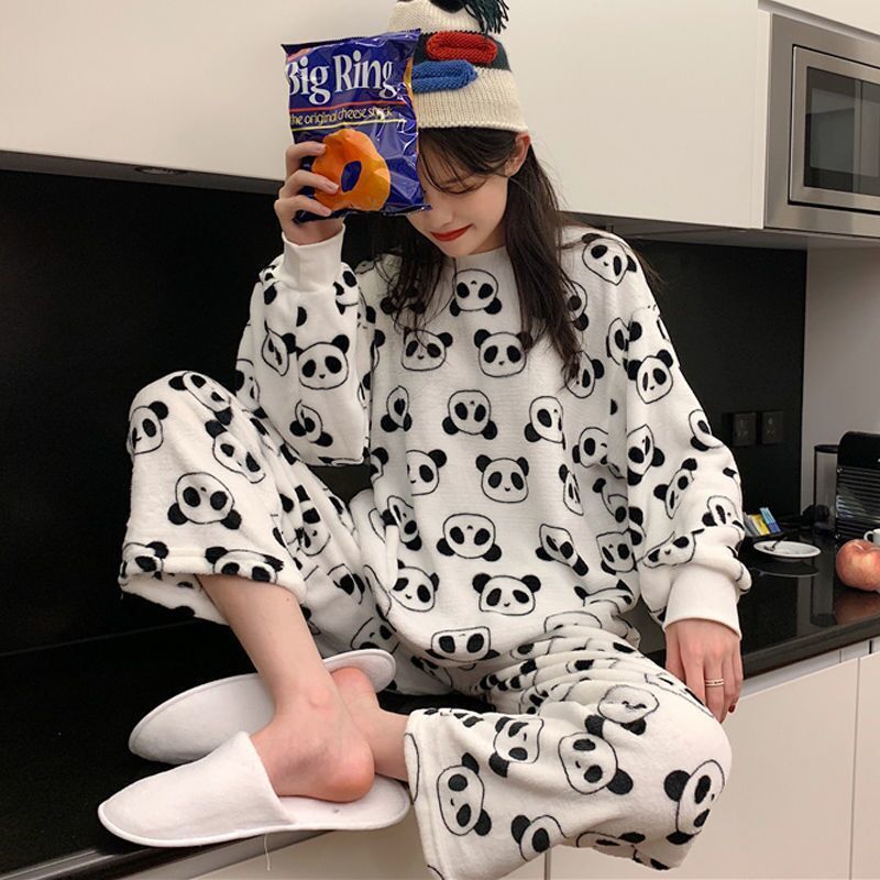 Đồ ngủ chất nhung mùa thu đong Coral velvet pajamas female autumn and winter home wear set student lovely panda long sleeve Plush warm flannel