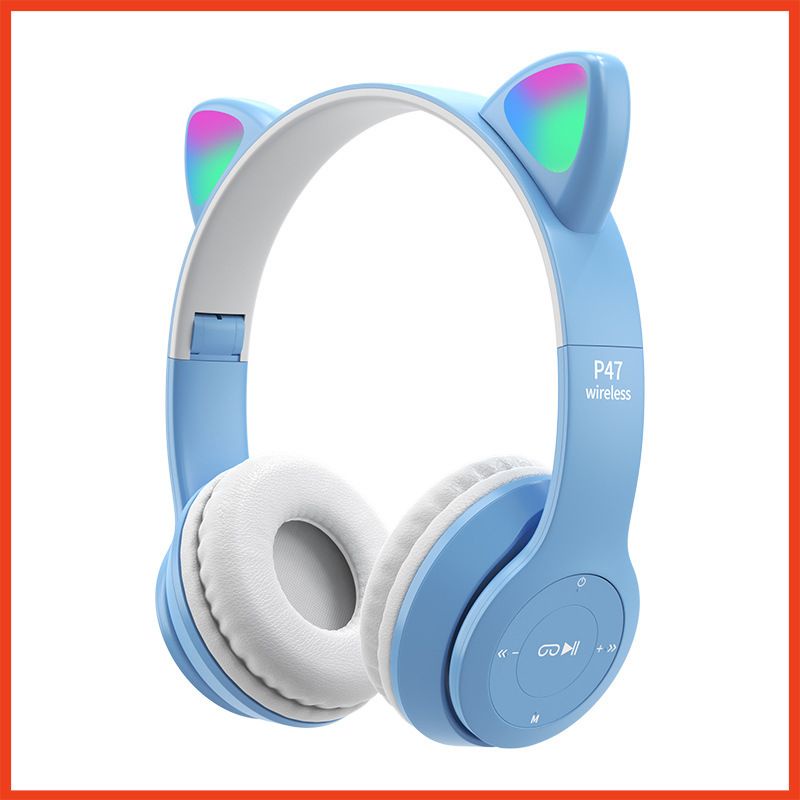 Tai nghe bluetooth P47 / P247, tai nghe mèo đèn led đổi màu có khe cắm thẻ nhớ