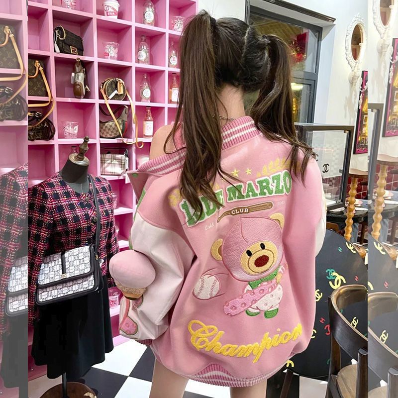 Bán Chạy!Áo Khoác Bóng Chày Đồng Phục Bóng Chày In Hình Gấu Bánh Quy Quả Đào 13DE MARZO X POP