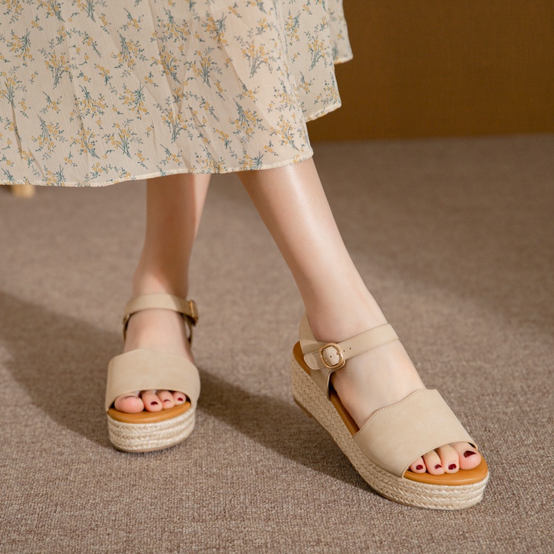 Giày sandal Siketu đế xuồng bọc cói cao 5cm, quai ngang bản rộng