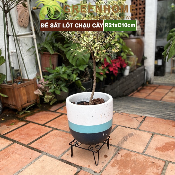 Đế kê chậu cây bằng sắt Greenhome, R21xC10cm, sơn tĩnh điện, màu đen, uốn mỹ nghệ, bền, đẹp, nhiều hình dạng lựa chọn