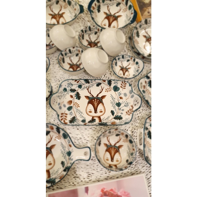 Bát Sứ Bát Ăn Cơm Bộ Bát Đĩa Decor Bộ Chén Dĩa Sứ set 9 món hươu cực đẹp