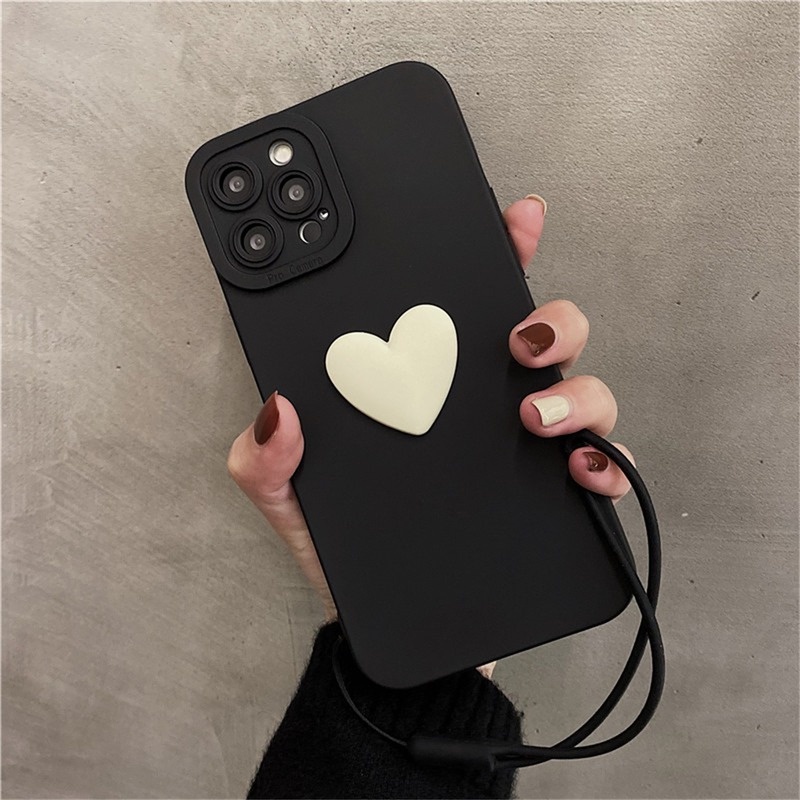 Ốp Điện Thoại Mềm Hình Trái Tim 3D Màu Đen Gắn Dây Đeo Cổ Tay Kiểu Hàn Quốc Cho IPhone 13 12 11 Pro Max X XS XR 7 8 Plus