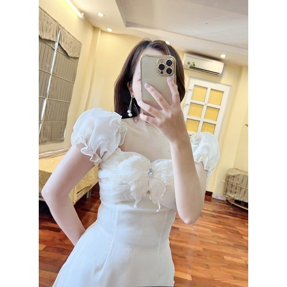 Áo dài cách tân 4 tà Ngân Điệp áo dài thiết kế màu kem tay nhún bồng điệu đà tiểu thư phù hợp đi chơi đi tiệc chụp ảnh