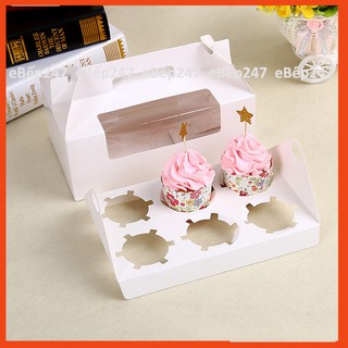 Set 10, 50 hộp đựng 6 bánh cupcake màu trắng có quai xách tiện lợi, thông minh - eBep247