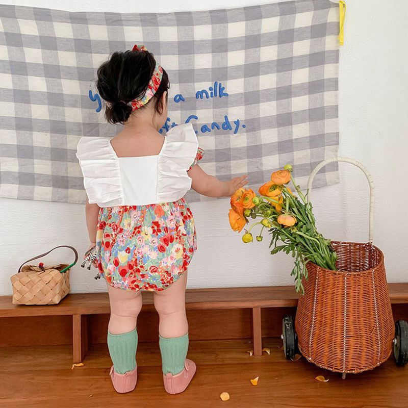 Bộ Áo Liền Quần Cổ Vuông Tay Lỡ In Hoa Xinh Xắn Cho Bé Gái