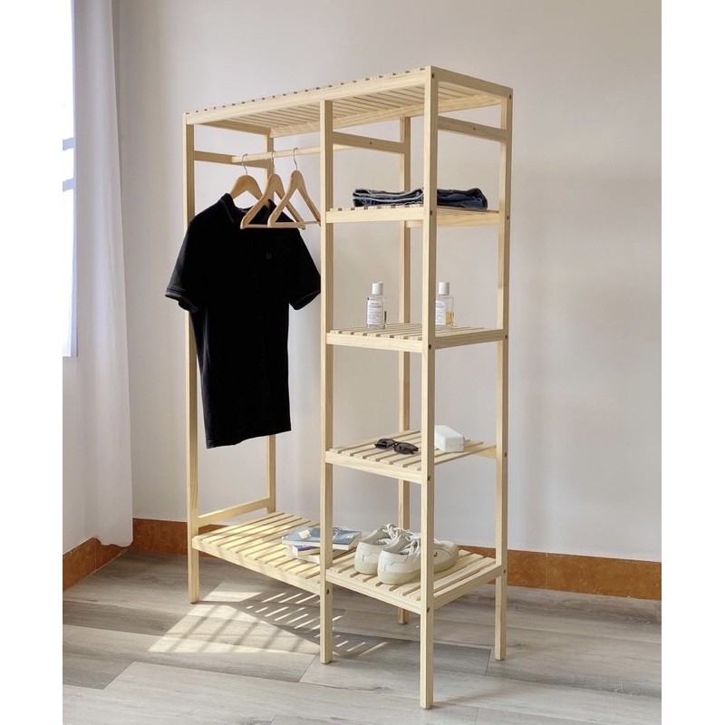 KỆ TREO QUẦN ÁO 2 BUỒNG 1 VỈ/ KỆ TREO QUẦN ÁO 2 NGĂN, GỖ THÔNG MỸ- PalletBoy94