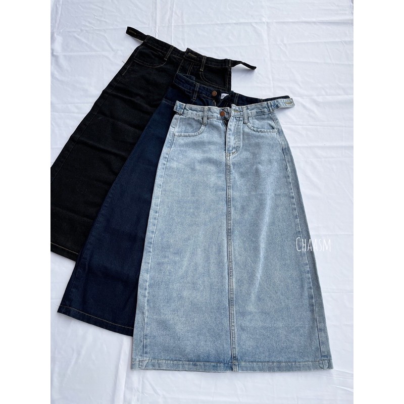 chân váy jean/denim A-line xẻ tà thân sau SẴN