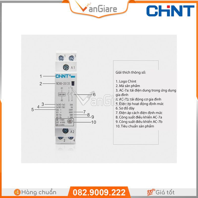Khởi động từ 1 pha  20a ChiNT NCH8-20/20