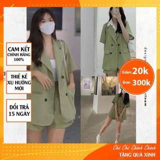 Set blazer nữ quần short áo vest trơn basic cộc tay kèm quần short form oversize B02