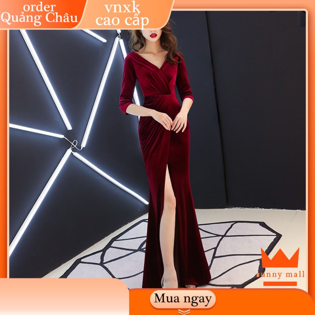 [CÓ SẴN] Đầm dự tiệc dạ hội nhung xẻ đùi cổ V bigsize gợi cảm sexy màu đỏ đen hồng kim giá rẻ đẹp