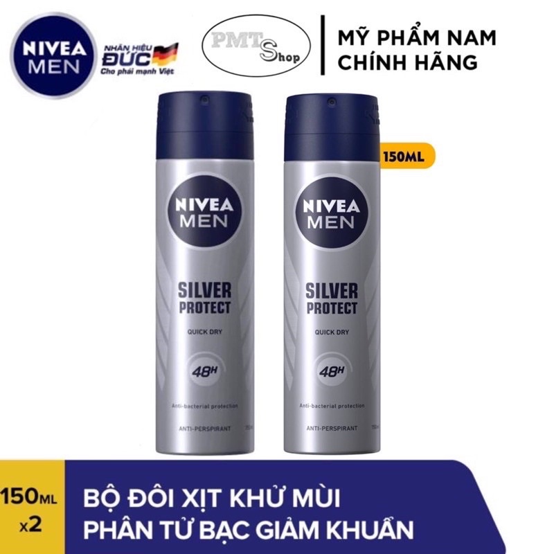 Combo 2 Xịt khử mùi Nivea Men Silver Protect 150ml x 2 chai phân tử bạc Ngăn Khuẩn Gây Mùi Vượt Trội