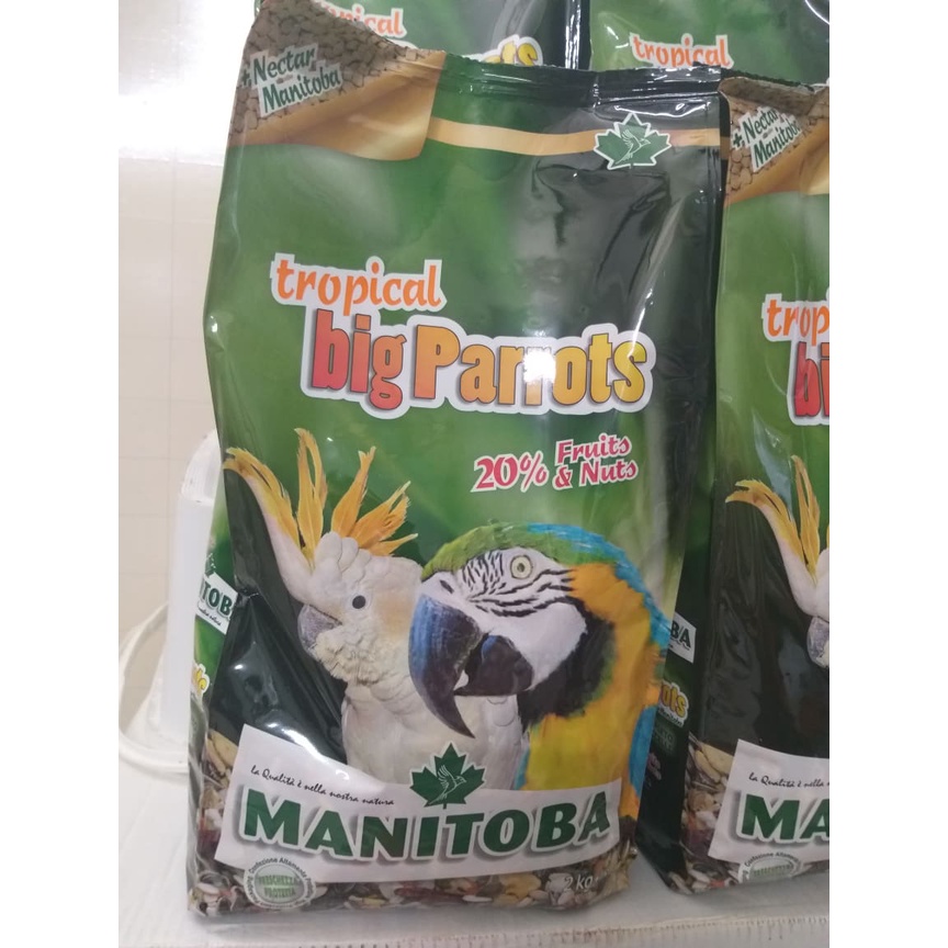 hạt trộn hoàn chỉnh TROPICAL BIG PARROTS gói nguyên 2KG của MANITOBA chuyên dùng cho tất cả vẹt macaw và cookatoo lớn