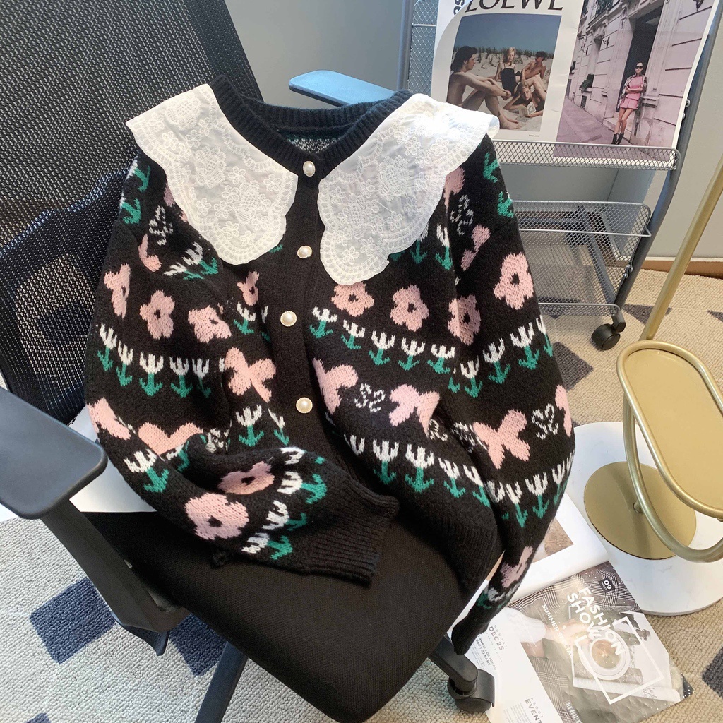 Áo Khoác cardigan Len Tay Dài Cổ Phối Ren Mới Cho Bé