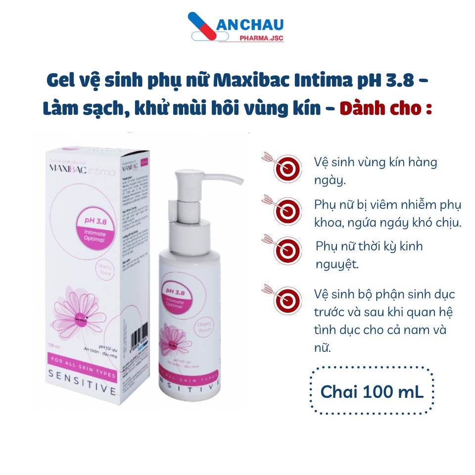 Ddvs, dung dịch vệ sinh phụ nữ MAXIBAC INTIMA GEL, nước rửa phụ khoa hằng ngày dịu nhẹ giúp làm sạch