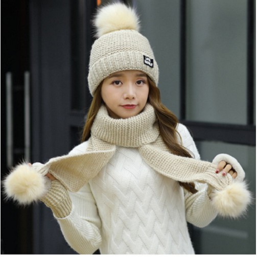 Bộ mũ len khăn kèm găn tay phong cách Hàn, sét nón len lông thỏ có lót nỉ cao cấp