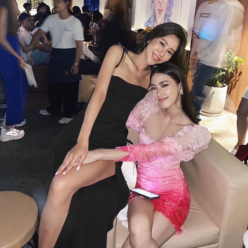 IELGY Đầm Hai Dây Màu Trơn Lưng Cao Thiết Kế Xẻ Tà Thời Trang Quyến Rũ Cho Nữ