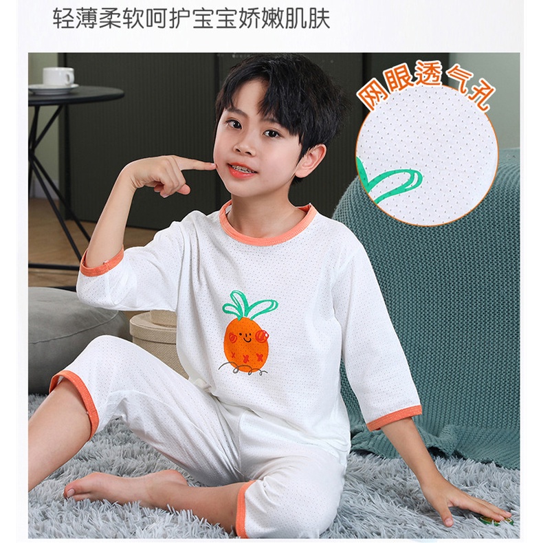 Bộ Đồ Ngủ Tay Dài 3 / 4 Bằng Cotton Thoáng Khí Dành Cho Bé Trai Gái 90-150cm