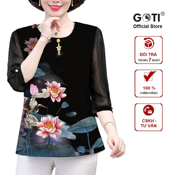 GOTI - Áo Lụa Trung Niên Che Bụng - Áo Kiểu Tặng Mẹ U50 U60 Cổ V Phối Họa Tiết Giả Khăn 3A23 3A21
