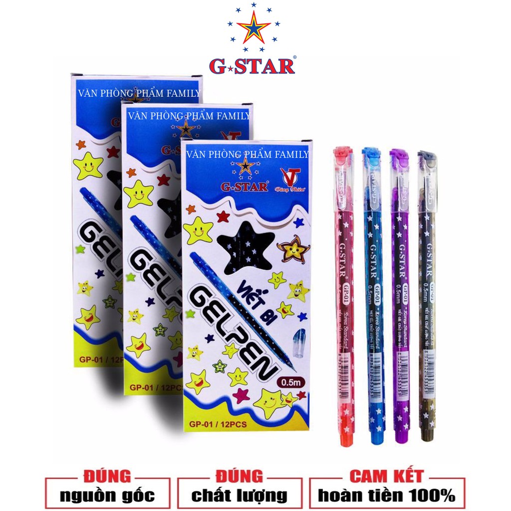 Hộp 12 cây viết gel G-STAR gp-01 Đầu bút lướt êm, mực ra đều, không bị nhòe, nét bút đẹp và chuẩn như ý