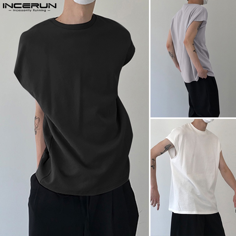 Áo thun INCERUN màu trơn cổ tròn dáng rộng đơn giản thời trang nam