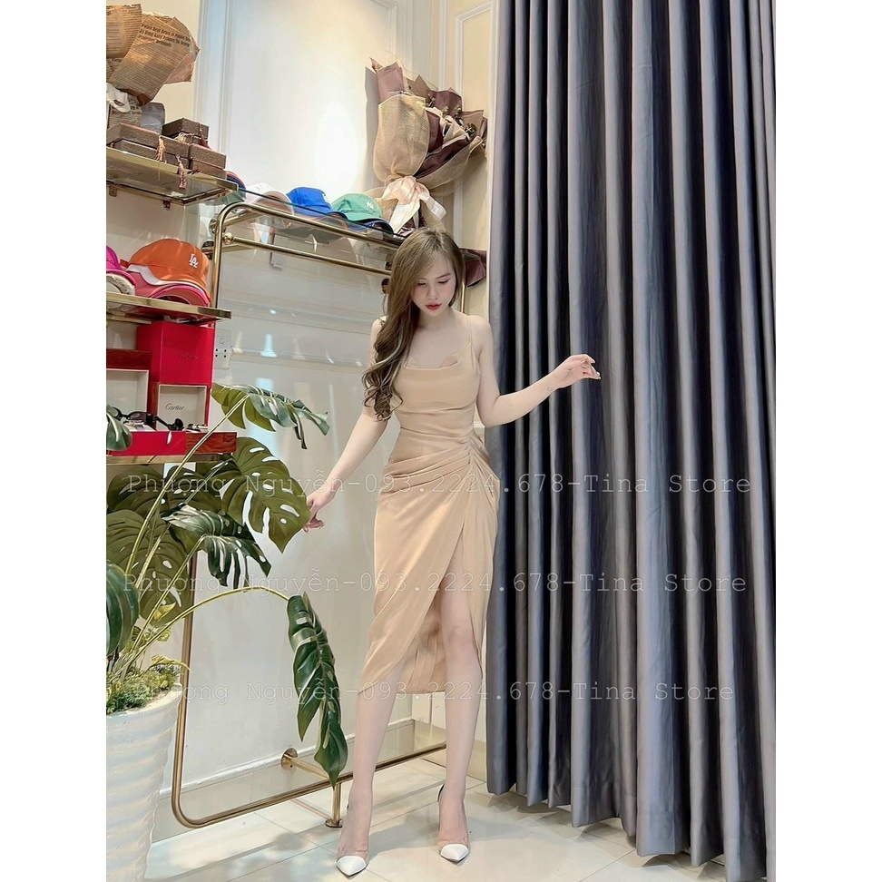 Đầm body hai dây cổ đổ sẻ tà phối màu sắc nhã nhặn hài hòa thời trang nữ