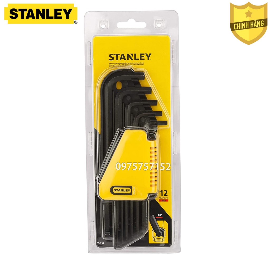 Bộ lục giác bi hệ inch 12 chi tiết chính hãng STANLEY 69-257 1/16&quot; 3/8&quot; bộ khóa lục giác đầu bi thân dài thép siêu cứng