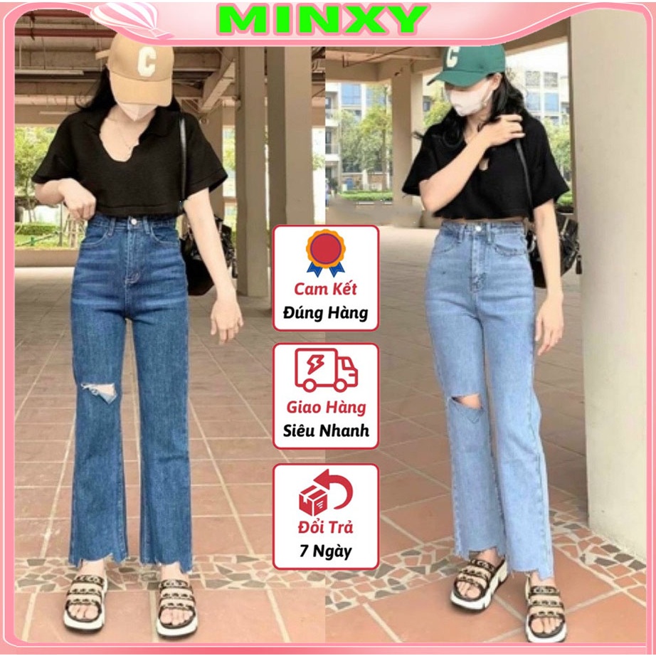 Quần jean nữ ống đứng cắt đùi lưng cao co giãn tốt,chất bò mền mại hoath động thoải mái-Minxy shop