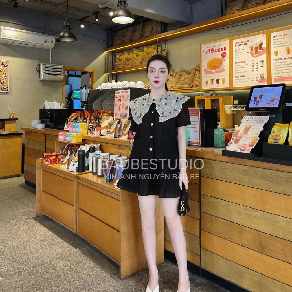 [ 𝐅𝐑𝐄𝐄 𝐒𝐇𝐈𝐏 ]  SÉT REN CỔ BÈO THIẾT KẾ NẮP TÚI CHÂN VÁY XẾP LY