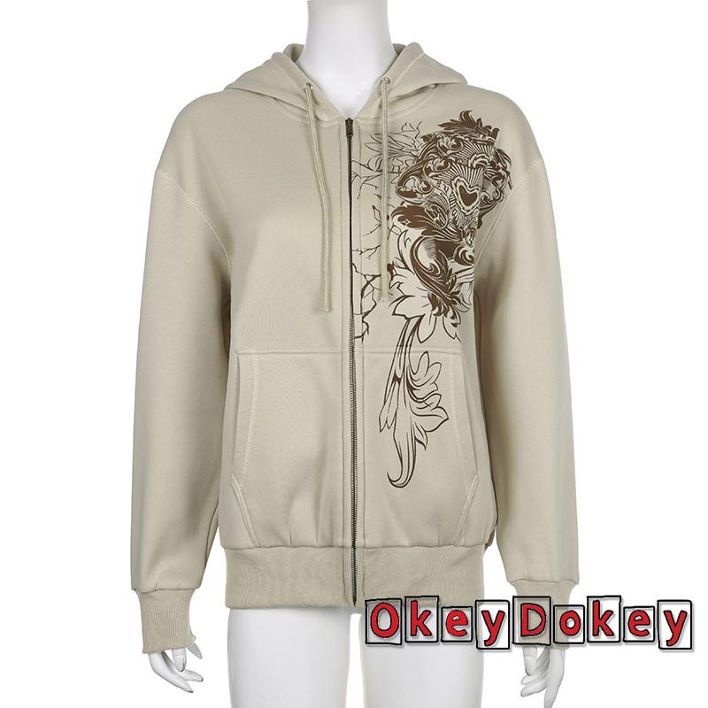 Odokey-y2k Áo Khoác Hoodie Dài Tay Có Khóa Kéo In Họa Tiết Vintage Cho Nữ