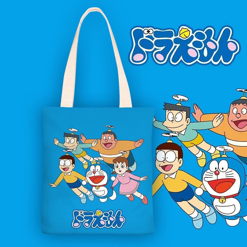 Doraemon cartoon canvas bag Túi vải túi một vai cô gái túi xách túi học sinh túi zipper túi túi môi trường