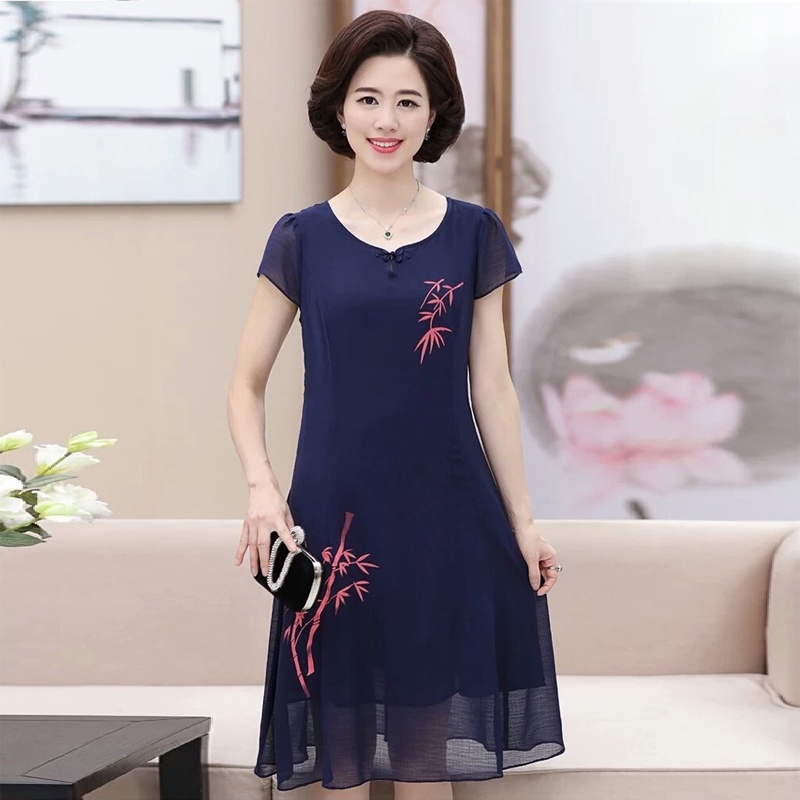 Đầm trung niên in hoa tre DS12, 3 màu Tím than, Xanh lá, Đỏ đô, rẻ vô địch