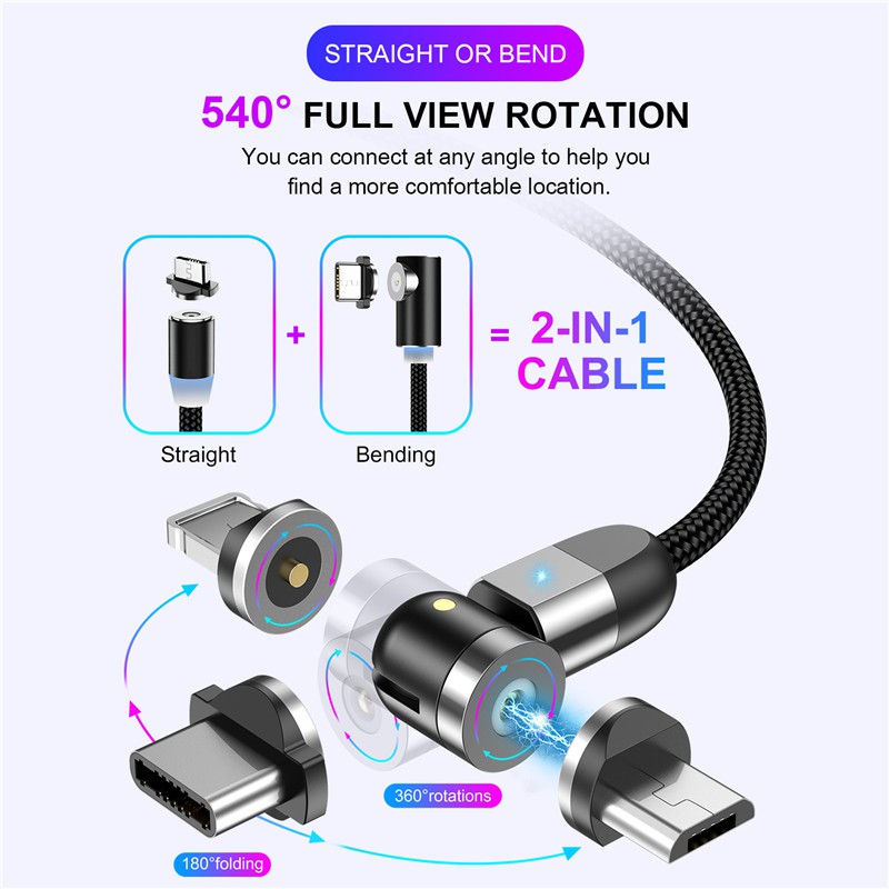 Cáp sạc nhanh usb type c / micro / ios 540 o + 180 1m / 2m cho iPhone Samsung Huawei chất lượng cao