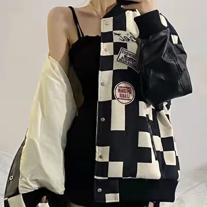 Áo Khoác bomber Một Hàng Nút Tay Dài Dáng Rộng Họa Tiết Caro Đơn Giản Thời Trang Phong Cách Hàn Quốc Cho Nam Và Nữ