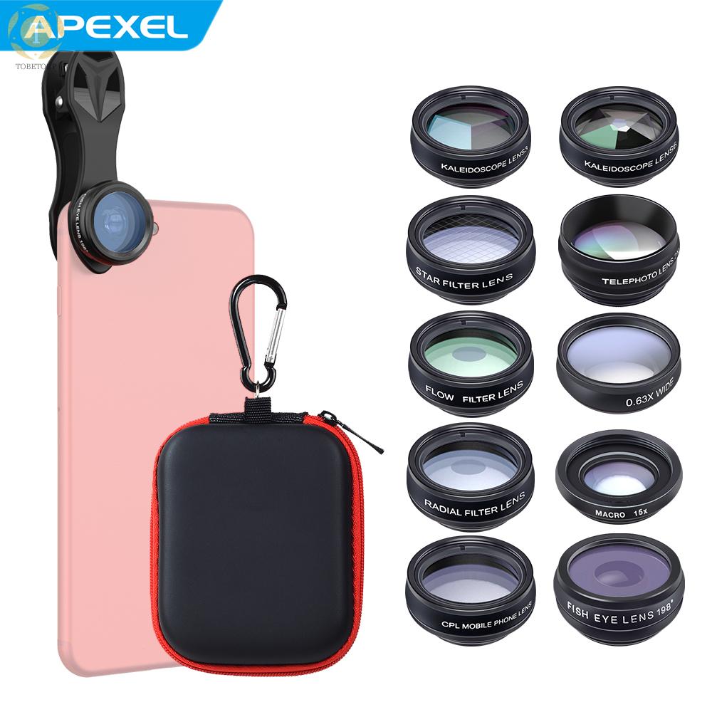 Shipped within 12 hours】 APEXEL 10 in 1 Phone Camera Lens Kit with 0.63X Wide Angle + 15X Macro + 198°Fisheye + 2X Telephoto + CPL + Star Filter + Radial Filter + Flow Filter + Kaleidoscope 3 + Kaleidoscope 6 Compatible with Android iPhone Smartphon [TO]